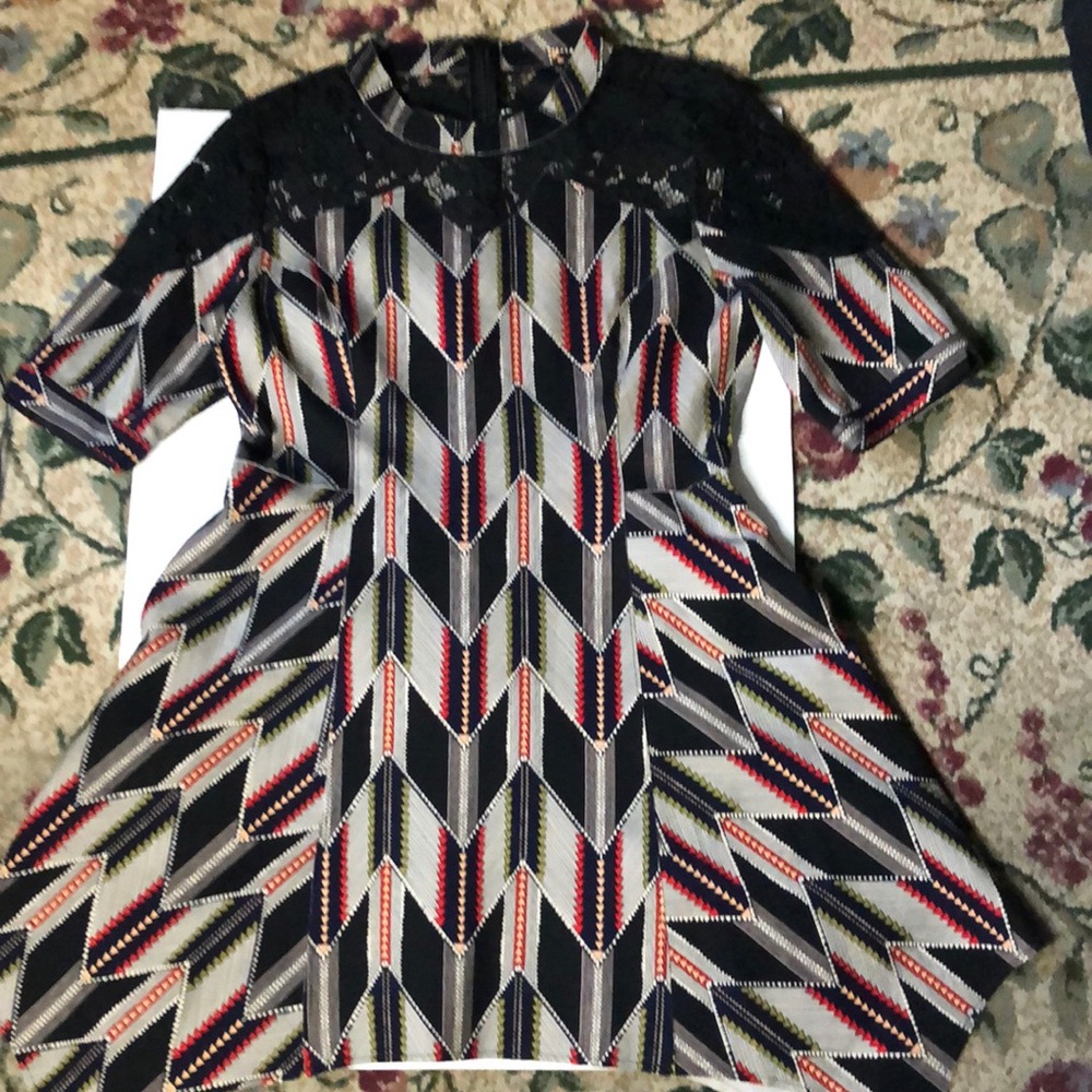 Unbranded Wearable Art Asymmetrical Chevron Multicolored Lace Detailed Dress